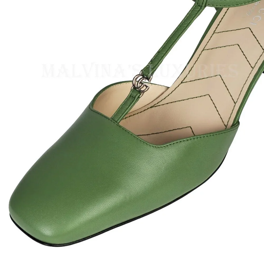 GUCCI SHOES T-STRAP GREEN LEATHER DOUBLE G LOGO SLINGBACK PUMPS 40 10 - Picture 4 of 16